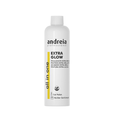 Frasco branco de produto andreia professional EXTRA GLOW para unhas, finalizante extra brilho, all in one, com símbolo vegan