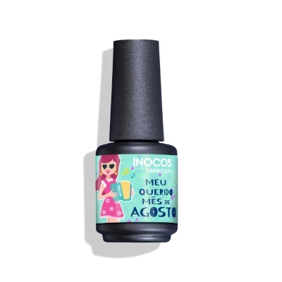 Frasco preto de verniz gel INOCOS com rótulo azul claro e ilustração colorida