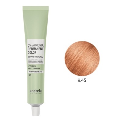 Tubo de coloração de cabelo verde claro e amostra de cor acobreada 9.45