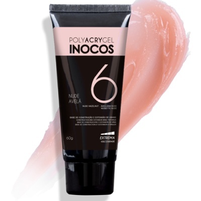 Tubo preto e rosa de Polyacrygel INOCOS Nude Avelã com textura rosada atrás.