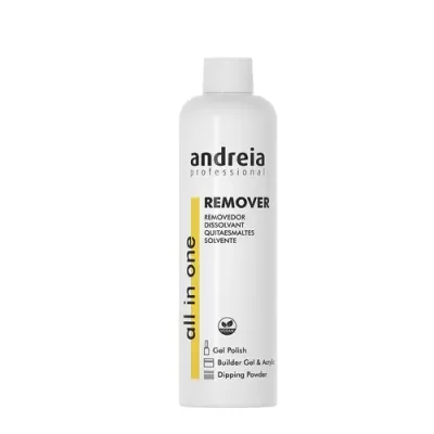 Frasco branco com texto preto e amarelo de removedor de verniz e gel