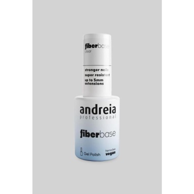 Frasco de verniz gel Andreia Professional fiberbase branco e azul claro sobre fundo cinza