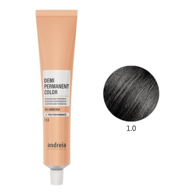 Tubo de corante capilar bege com texto e amostra de cabelo preto 1.0