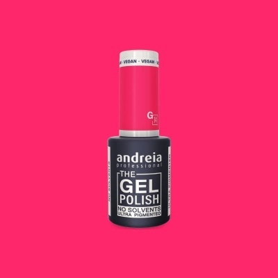 Frasco de verniz gel rosa da marca andreia professional com rótulo preto e texto em branco
