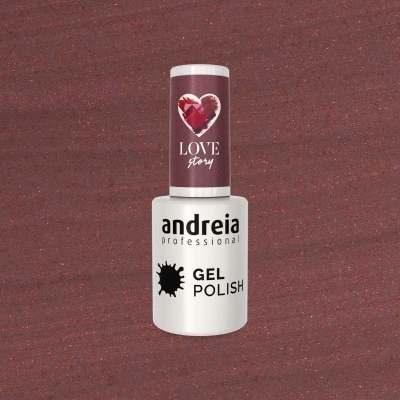 Frasco de verniz gel para unhas Andreia Professional com tampa decorada e texto LOVE story
