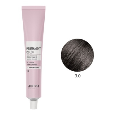 Tubo de tinta de cabelo permanente cor preta com amostra de cor número 3.0