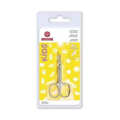 Tesoura infantil para unhas em embalagem plástica com fundo amarelo e branco