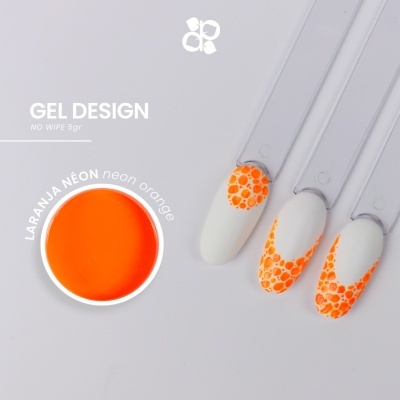 Gel design laranja néon para unhas com amostras decoradas em fundo branco