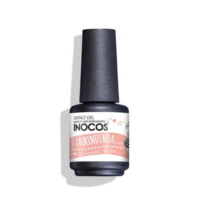 Frasco de verniz gel INOCOS com rótulo branco e rosa