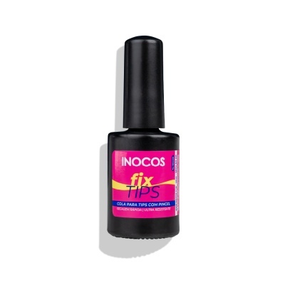 Frasco preto de cola para tips com rótulo rosa e amarelo