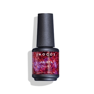 Frasco de verniz gel roxo com glitter vermelho da marca INOCOS