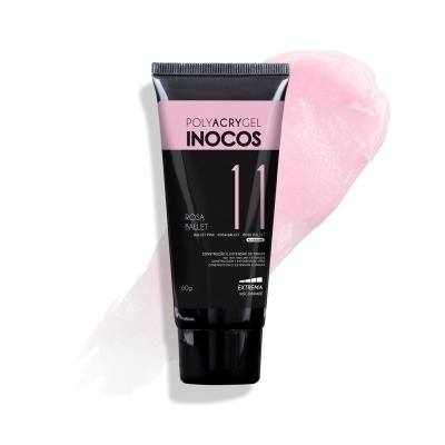Frasco preto de gel para unhas rosa claro POLYACRYGEL INOCOS com amostra do produto