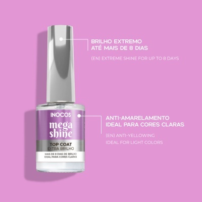 Frasco de verniz top coat Extra Brilho Inocos Mega Shine com tampa prata e rótulo roxo e branco