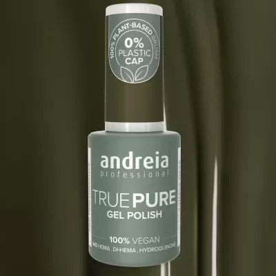 Frasco de verniz gel verde acinzentado com tampa branca e texto branco