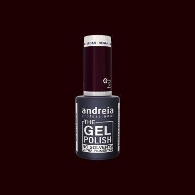Frasco de verniz gel vinho escuro da Andreia com tampa branca e texto VEGAN