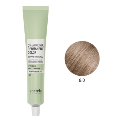 tubo de coloração permanente de cabelo verde claro Andreia Professional com amostra de cor castanho claro