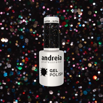 frasco de verniz gel para unhas glitter da marca andreia professional