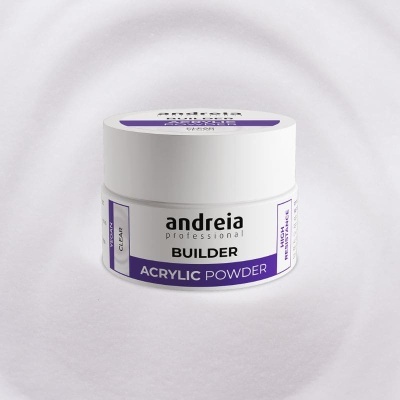 Frasco branco com tampa rotulado de pó acrílico Builder da Andreia Professional