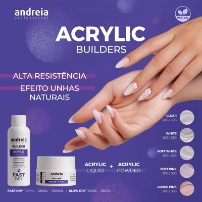 Imagem de produtos acrílicos Andreia Professional para unhas com frascos e mãos femininas com unhas decoradas