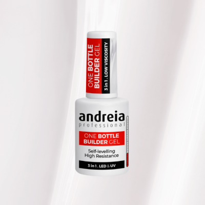 Frasco branco de verniz gel para unhas Andreia com texto vermelho e preto.