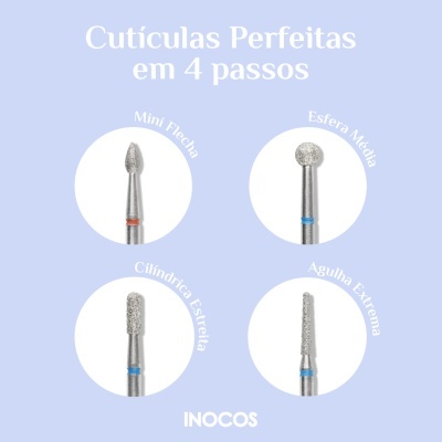 Quatro brocas diamantadas para manicure com diferentes formas e textos descritivos, fundo azul claro e texto promocional.