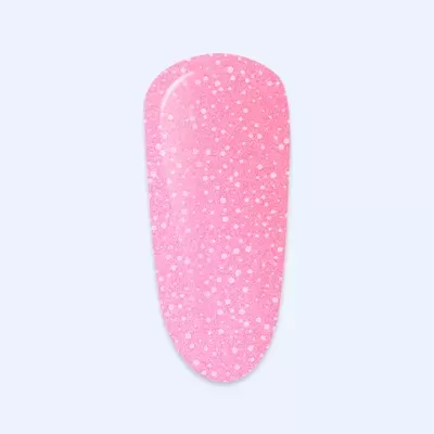 Amostra de verniz de unhas rosa com glitter e pontos brancos