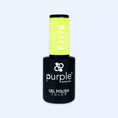 Frasco de verniz gel para unhas com rótulo amarelo claro e tampa preta