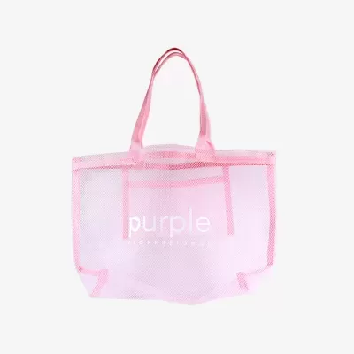 Saco de rede rosa claro com pegas e texto branco