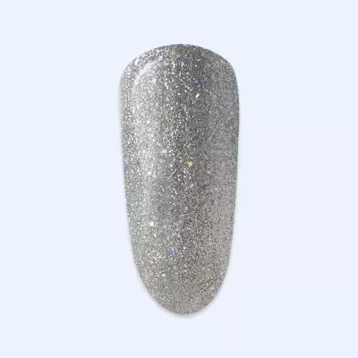 Unha artificial com verniz prateado brilhante e glitter holográfico