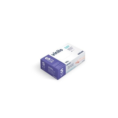 Caixa branca e roxa de curativos de vinilo Saniex para mãos