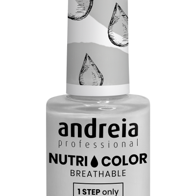 Frasco de verniz para unhas Andreia Nutri Color Breathable com tampa branca e padrão de gotas.