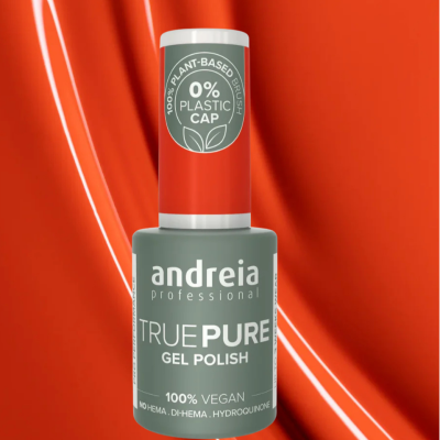 Frasco de verniz gel cinzento e vermelho da Andreia Professional com selo ecológico