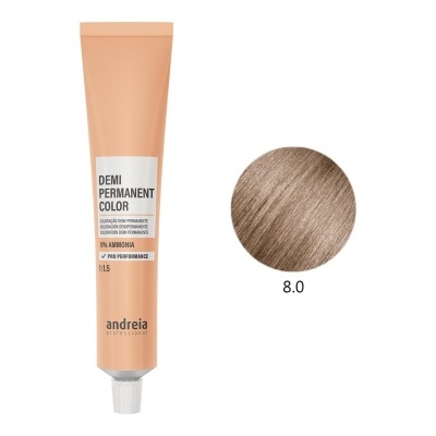 Tubo de coloração capilar Andreia Demi Permanent Color e amostra de cor 8.0 castanho claro