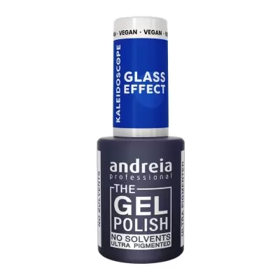 Verniz de gel Andreia Professional com efeito vidro, rótulo azul e preto, tampa branca com indicação vegan