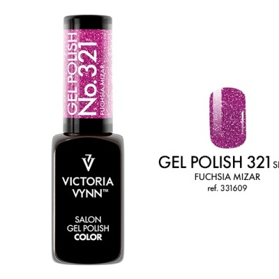 Frasco de verniz gel preto Victoria Vynn com tampa rosa e amostra de cor glitter roxa