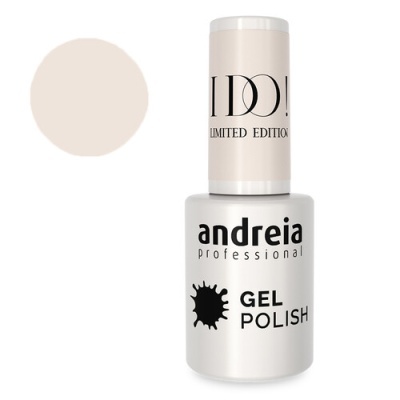 Frasco branco de verniz gel Andreia Professional com tampa bege clara e texto preto.