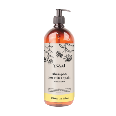 Frasco de champô keratin repair da VIOLET, 1000ml, com desenho floral e tampa preta