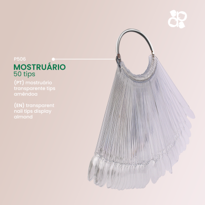 Mostruário de 50 tips transparentes em argola metálica.