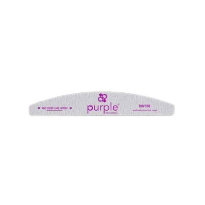 Lima de unhas cinza com texto roxo da marca Purple
