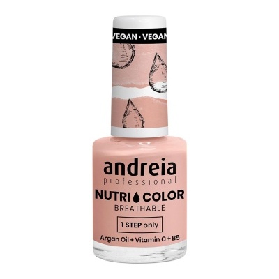 Frasco de verniz de unhas rosa nude da marca andreia com embalagem VEGAN