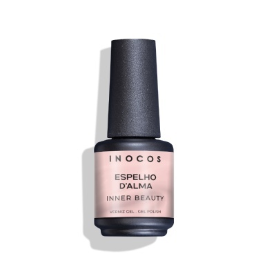 Frasco de verniz gel para unhas INOCOS com rótulo rosa claro e texto em preto
