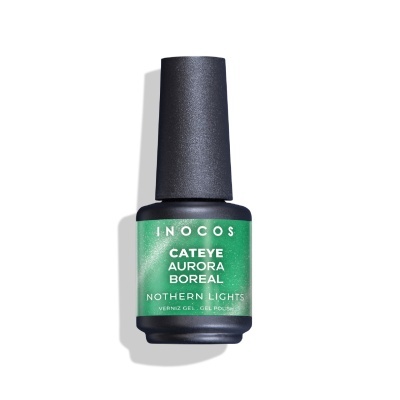 Frasco de verniz gel verde da INOCOS com tampa preta e etiqueta brilhante.