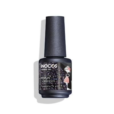 Frasco de verniz gel preto com brilho multicolorido e rótulo decorado