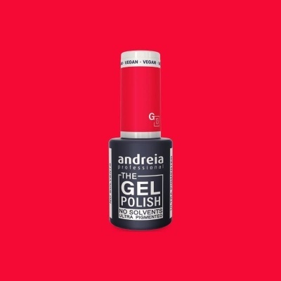 Verniz gel para unhas vermelho da marca andreia professional com tampa branca e texto VEGAN