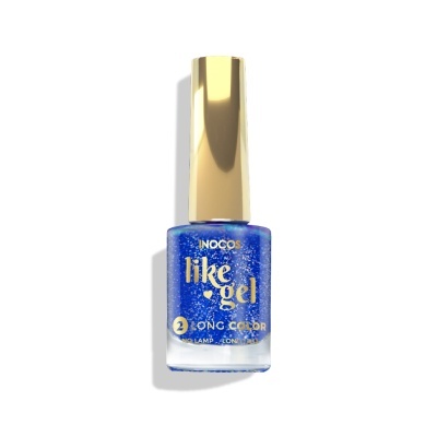 Esmalte de unhas azul com glitter em frasco com tampa dourada