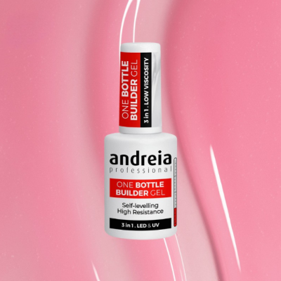 Frasco branco de verniz de gel andreia professional sobre fundo rosa brilhante