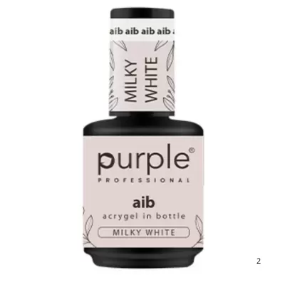 Frasco preto de acrigel Milky White da marca Purple Professional com rótulo bege e texto em preto.