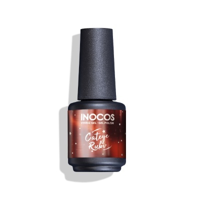 Frasco de verniz gel INOCOS Cateye Rubi com rótulo vermelho metálico e tampa preta