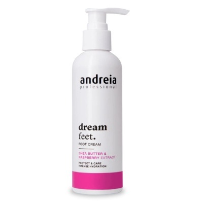Frasco de creme para os pés branco com doseador, texto em preto e rosa.
