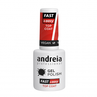 Frasco branco de verniz gel andreia professional com tampa vermelha e preta, texto FAST +easy TOP COAT.